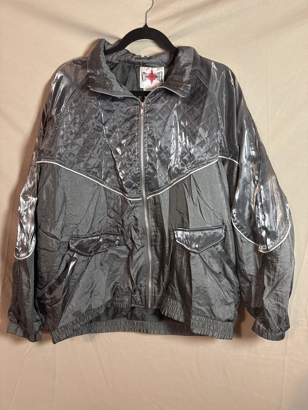 Vtg 90s Active Frontier Womens Gray Shiny Metallic Silver Windbreaker Jacket 2X